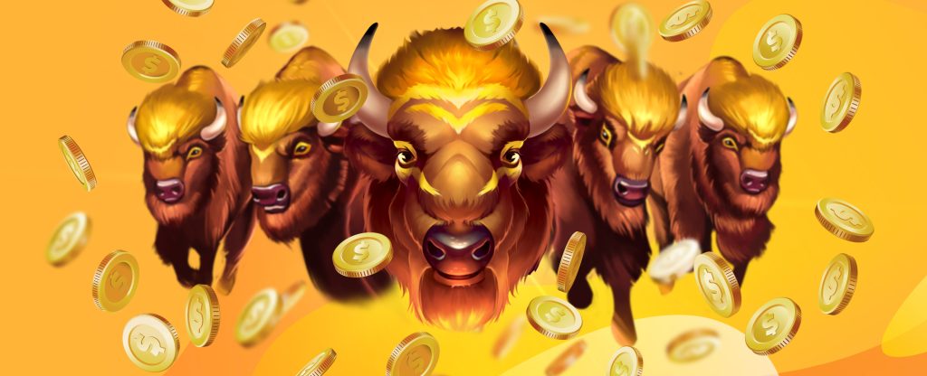 We see a herd of 3D-animated buffalos charging towards the screen in this image, which are the main characters from the SlotsLV slots game, Golden Buffalo. Surrounding them are falling coins, set against an orange abstract background.