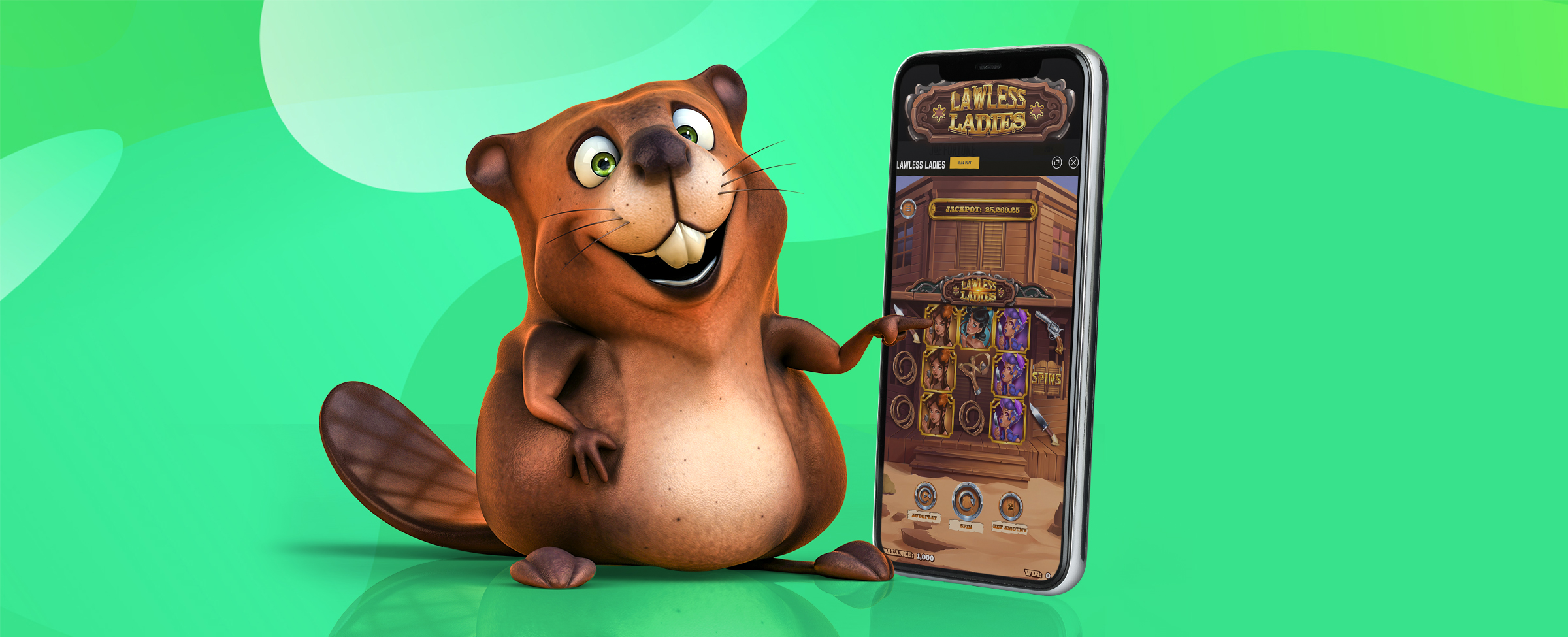 We see a 3D-animated squirrel with two large, bucked teeth and white eyes, holding up a mobile phone the same size as its body. On the screen is a screenshot from the SlotsLV slots game Lawless Ladies. Behind, is a green multi-toned abstract background.