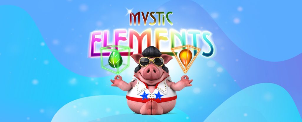 A 3D-animated pig dressed in an Elvis costume sits in the middle of the image. He wears a white leather jacket with blue stars and a red band around the bottom, complemented by oversized gold-rimmed sunglasses and a black Elvis wig. Above is the logo from the SlotsLV slots game, Mystic Elements, presented in multi-colored neon capital letters. Behind is a multi-toned blue abstract background.