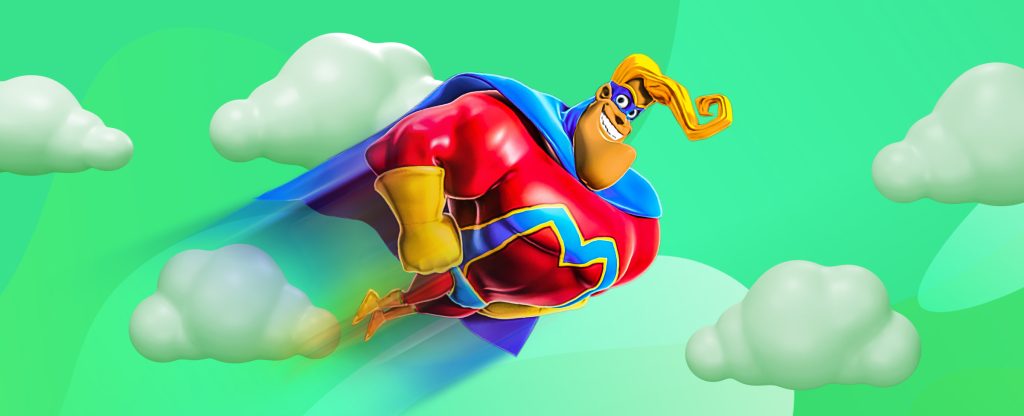 In this image we see a cartoon superhero from the SlotsLV slots game, Multiplier Man, flying through the white clouds with a blue cape and red suit with a large blue letter M on his chest. In the distance is a green, multi-toned abstract background.