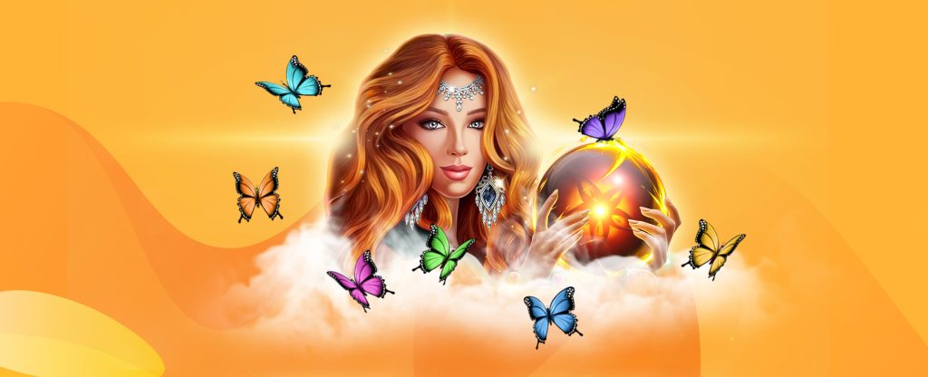 The main 3D-animated character from the SlotsLV slots game, Lady’s Magic Charms Hot Drop Jackpots, is seen from the shoulders up, rising through a soft cloud. With long red flowing hair and wearing forehead jewelry, she holds a large crystal ball.