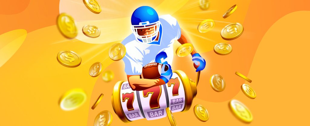 An illustrated football player in full gear, rushing towards an online slots machine showing three red number sevens. He holds the handle of the machine in his other hand, as gold coins fly around him. In the distance is a multi-toned orange abstract background.