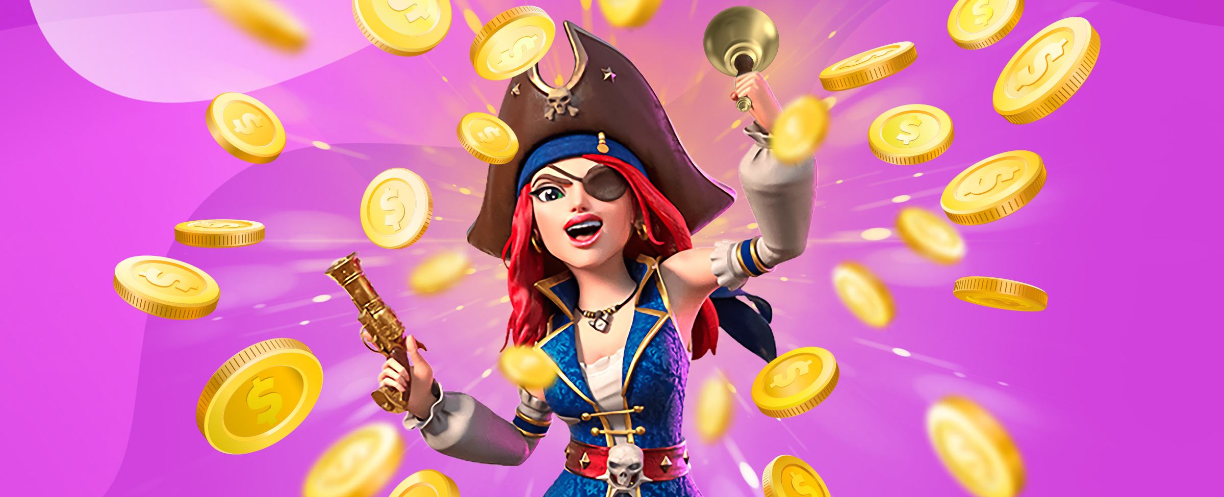 A cartoon female pirate holding a pistol and a bell stands in a battle position among exploding gold coins, set against a purple background.