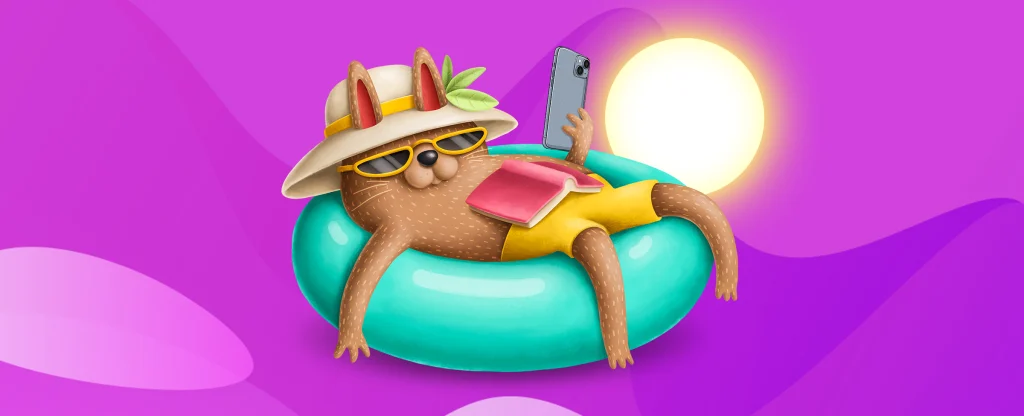 A cartoon cat with glasses and a hat sits in an inflatable pool ring with a book resting on its lap, holding up a mobile phone. Behind, a sun is in the distance, set against a purple background.