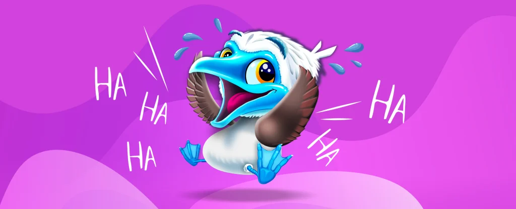 A cartoon blue bird with an oversized beak jumps in the air, surrounded by air quotes of the word ‘HA’. Behind is a multi-toned purple background.