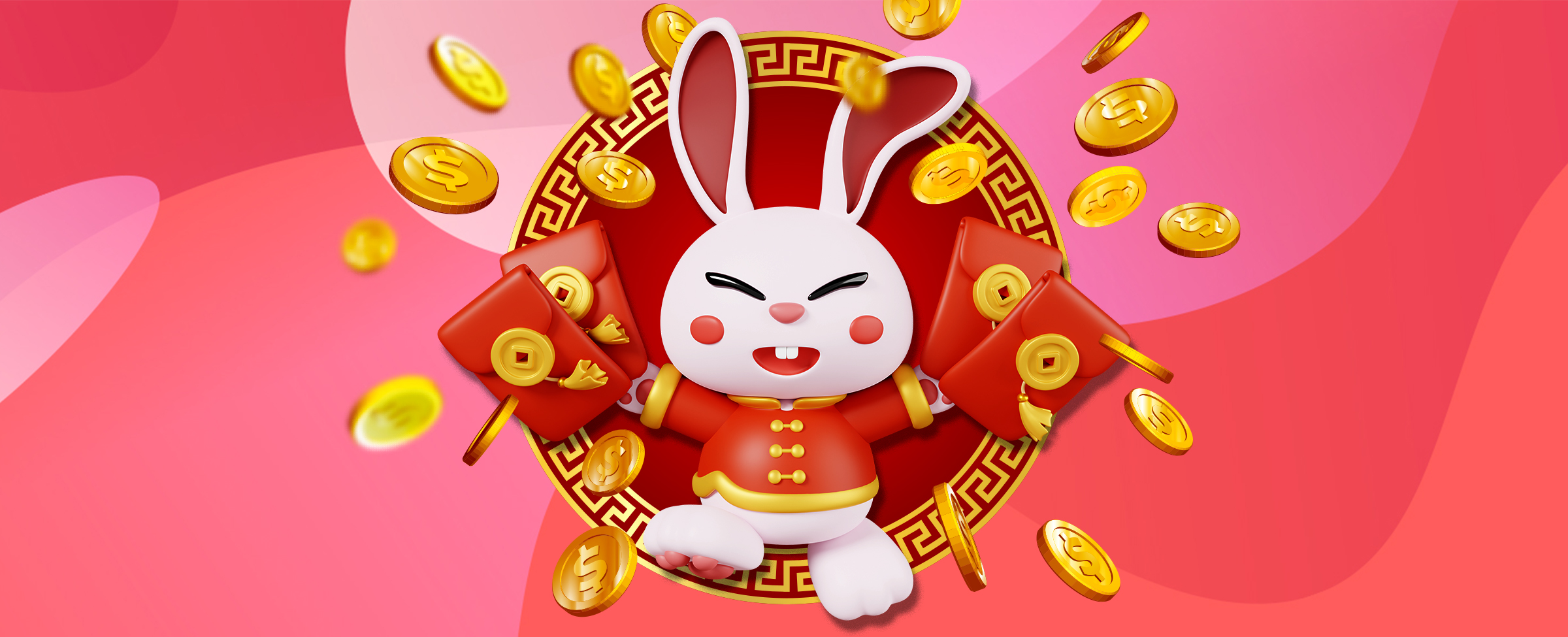 A white, 3D-animated cartoon rabbit with a red and gold Chinese emperor-style jacket is seen bounding out of a circular red portal framed by a golden Chinese pattern, holding up lucky red envelopes in each hand, surrounded by an explosion of gold coins. Behind, is a red multi-toned abstract background.