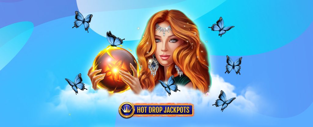 Set against a multi-toned blue abstract background, is the main character and logo from the SlotsLV slots game, Lady’s Magic Charms Hot Drop Jackpots, featuring a woman seen from the shoulders up. With flowing red hair, forehead jewelry and large earrings, she holds up an ember-colored crystal ball, with a light glowing outward. Surrounding her are seven blue butterflies, dancing above clouds.