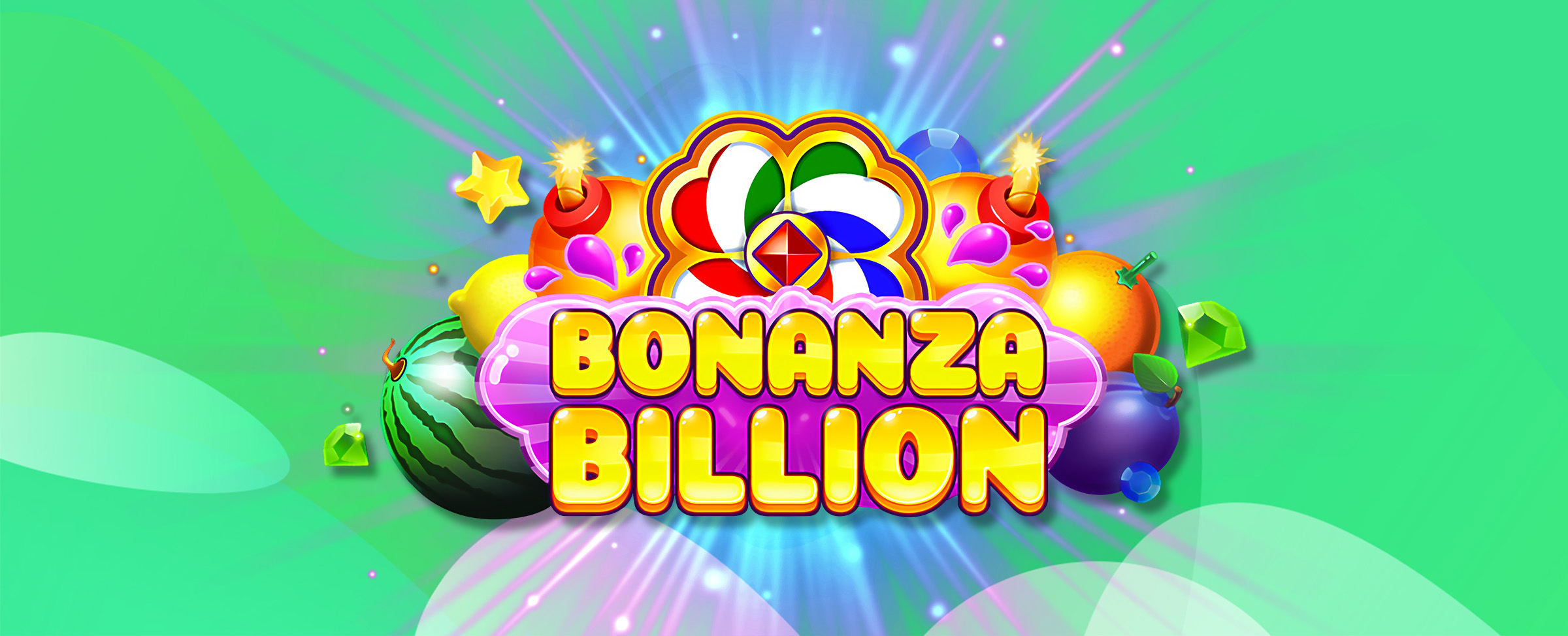 Exploding from the middle of the screen is the logo from the SlotsLV slots game, Bonanza Billion. Up front, we see a yellow bubbly logo that says Bonanza Billion, while in behind, various oversized 3D-animated fruits including a watermelon, plum, lemon, and orange. Behind, we see a green background.