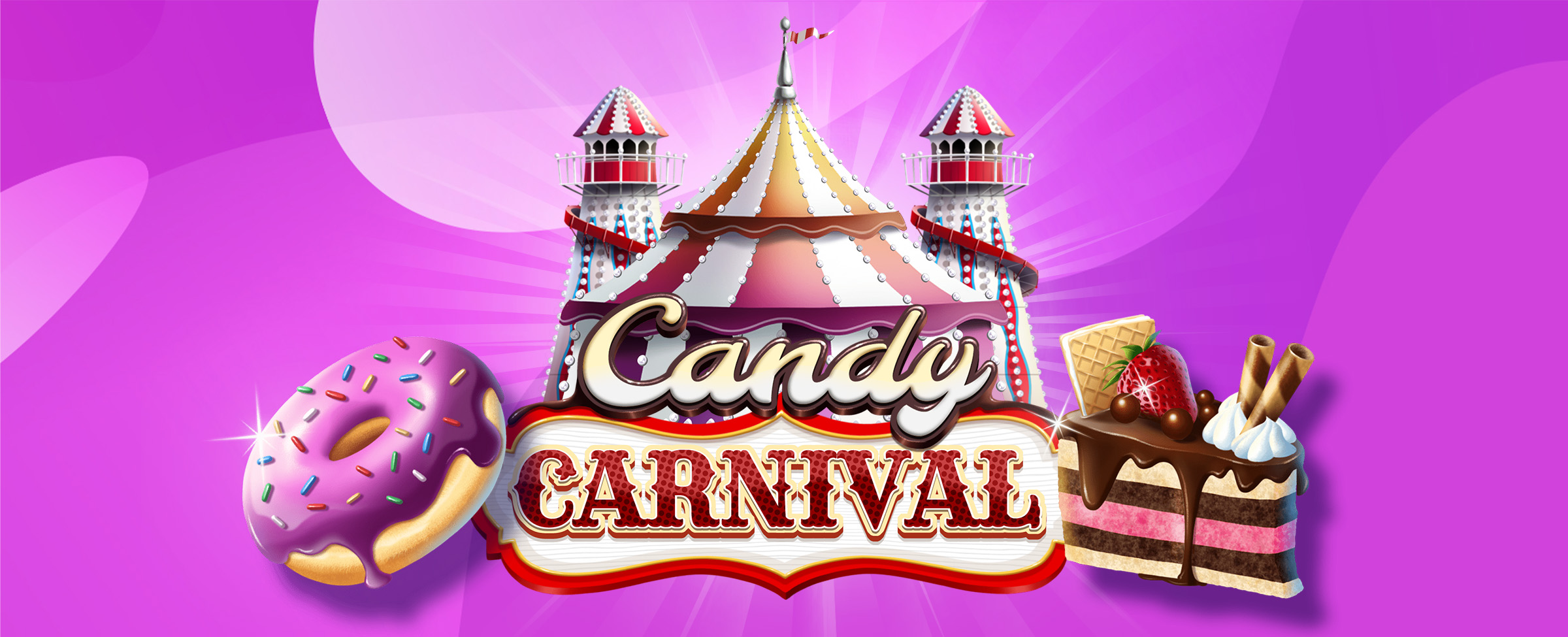This image showcases the 3D logo for the SlotsLV slots game 'Candy Carnival', with 'Candy' in a fun, bubbly script font and 'Carnival' in a red-bordered carnival-style sign. The logo is set against a red and white circus tent with flanking turret towers. A giant glazed donut with purple icing is on the left, and a layered chocolate-strawberry cake with toppings on the right. All set against a backdrop of varying shades of purple.