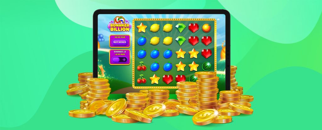 In the middle of this image, we see an iPad showing the gameplay from the SlotsLV slots game, Bonanza Billion. Five rows with six symbols each appear, including lemons, plums, cherries, hearts, stars, diamonds and more. In front, we see stacks of gold coins, set against a multi-toned green background.