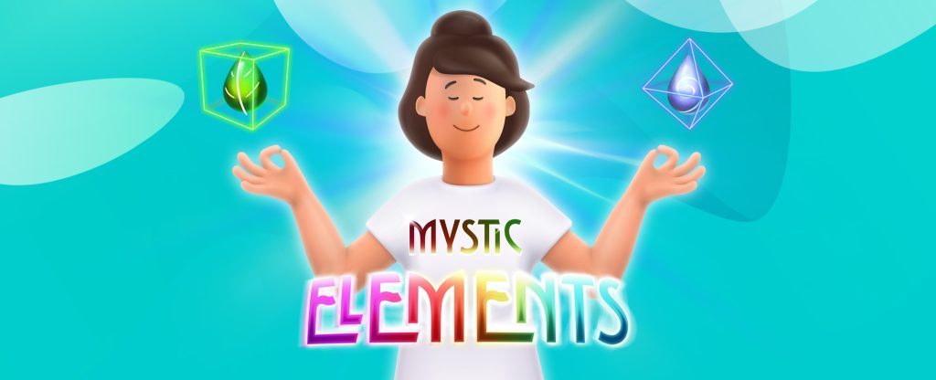 A 3D-animated person wearing a white t-shirt, holding their hands in a yoga pose, with their eyes shut and a zen expression. Above each hand are 3D-animated green and purple neon symbols of earth and wind from the SlotsLV slots game, Mystic Elements. 