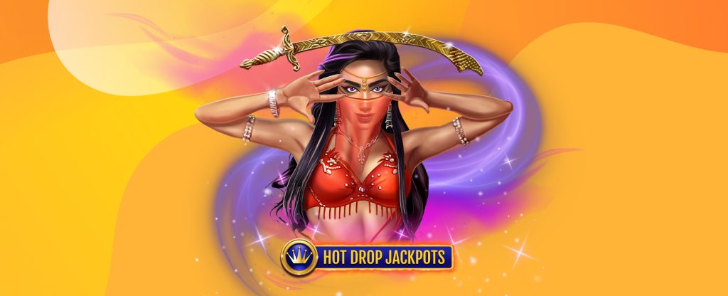 The main 3D-animated female character from the SlotsLV slots game, Oasis Dreams Hot Drop Jackpots. She’s wearing a transparent veil across her head and a red sequined top. Positioned above her head is a gold sword. Below, we see the game logo that reads ‘hot drop jackpot’ within a gold-rimmed blue sign and a gold crown emblem off to the side.