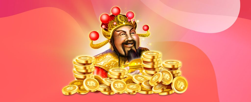 In the middle of this image is the main character from the SlotsLV slots game, Caishen’s Fortune. Depicted is CaiShen, from the shoulders up, wearing traditional Chinese headwear and a red and gold gown. In front is a large pile of gold coins. 
