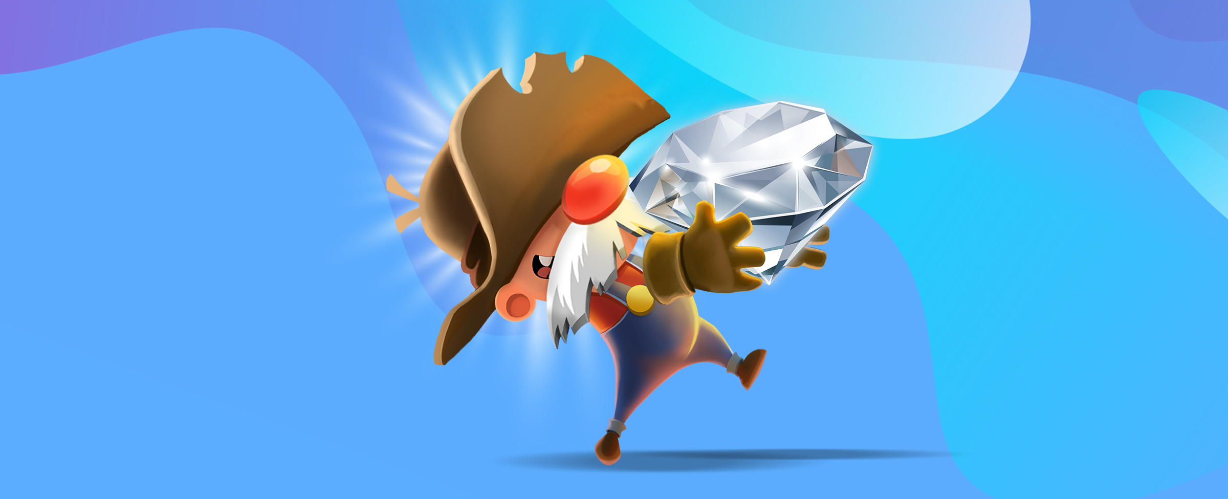 A cartoon gold miner from the SlotsLV Gold Rush Gus slots game holds a massive diamond in his hands, set against a blue background.