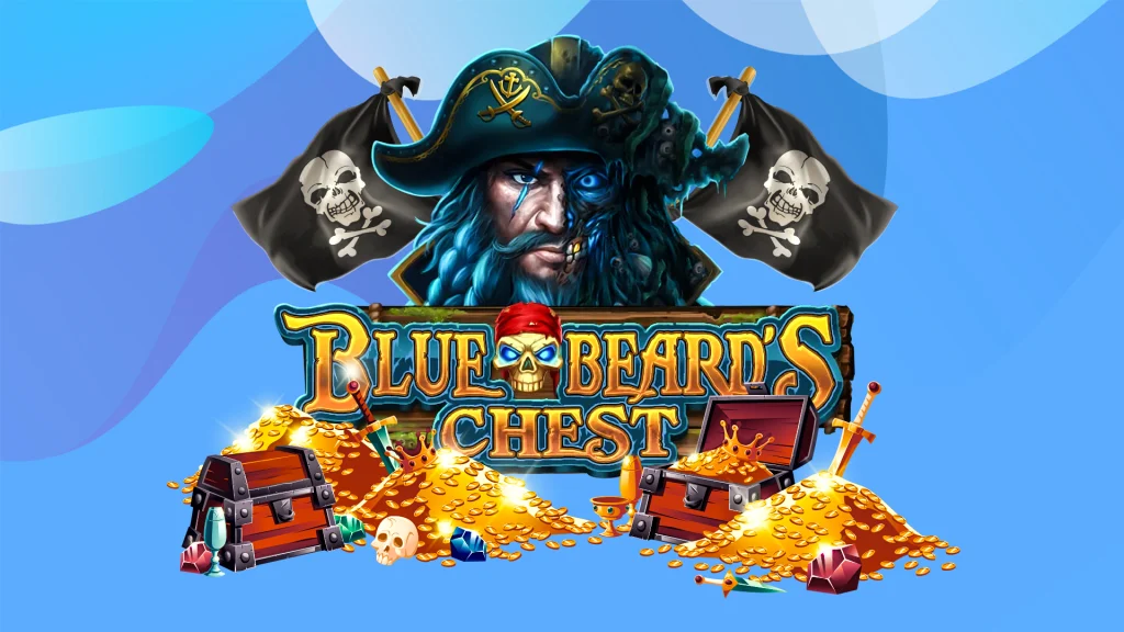 An animated pirate flanked by flags, above the SlotsLV slots game logo for ‘Blue Beard’s Chest’, against a blue background.