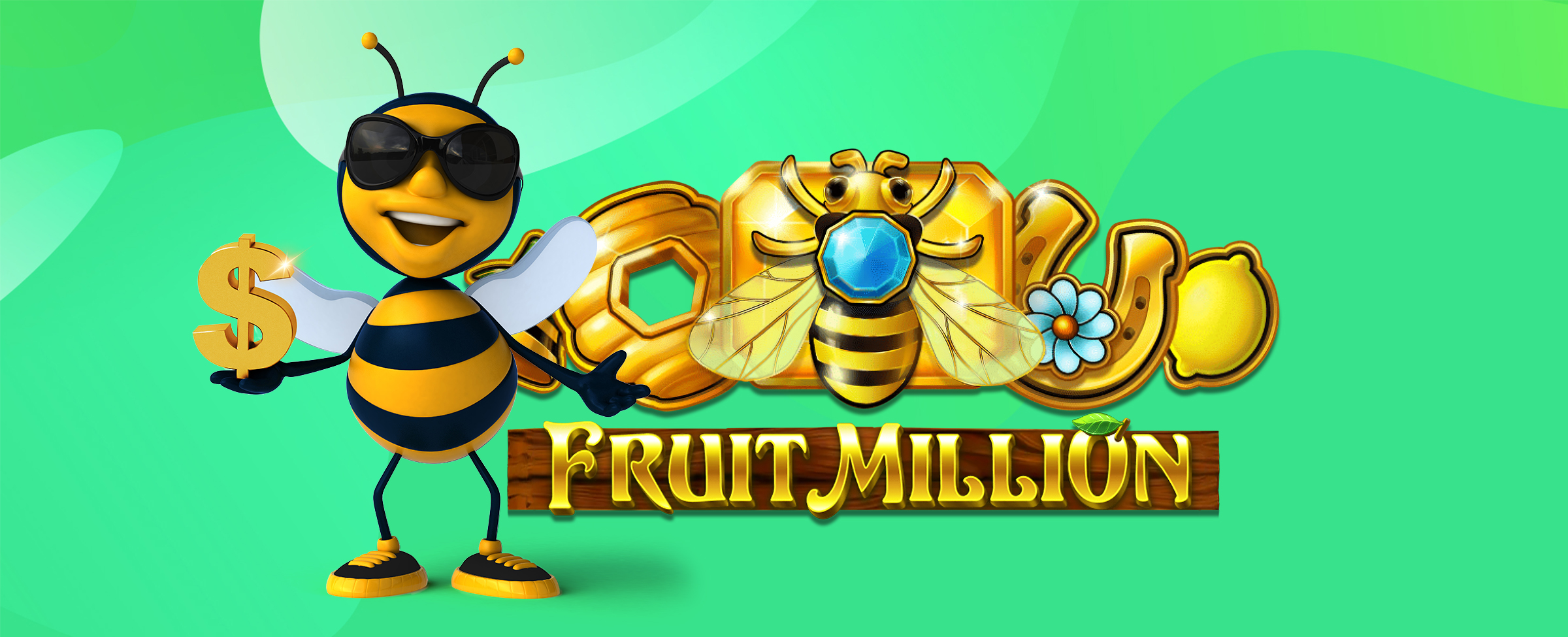 An animated bee stands next to another bee atop of gold jewels, while the Fruit Million SlotsLV slots game logo appears beneath, set against a green background.