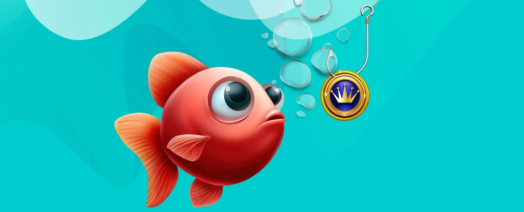A red cartoon goldfish swims up to a fishing hook hoisting a Hot Drop Jackpots logo, in an aqua-colored aquarium.