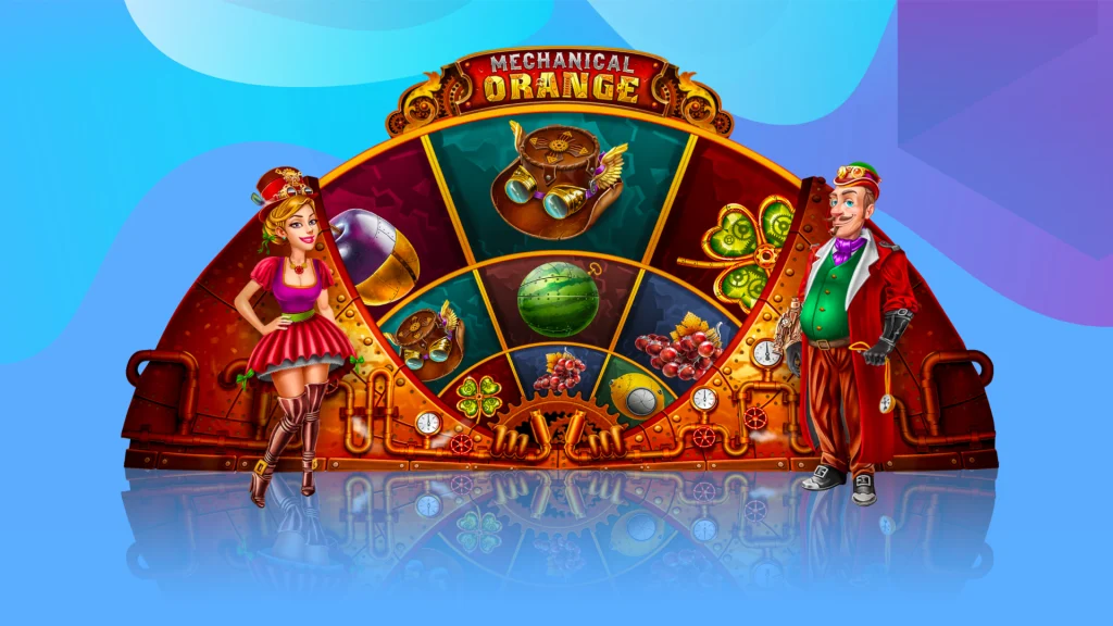 Animated steampunk lady and gentleman stand on either side of a large rotating wheel, which is the game grid for Mechanical Orange slots game.