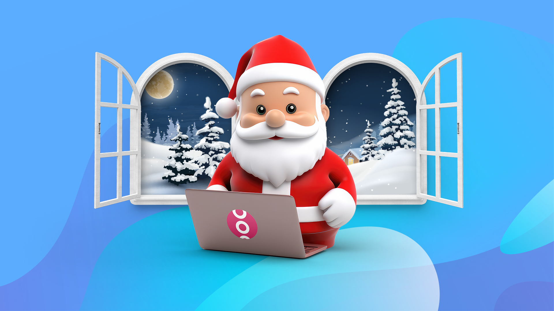 Animated Santa standing in front of windows, using a laptop with a SlotsLV logo, set against a blue background.