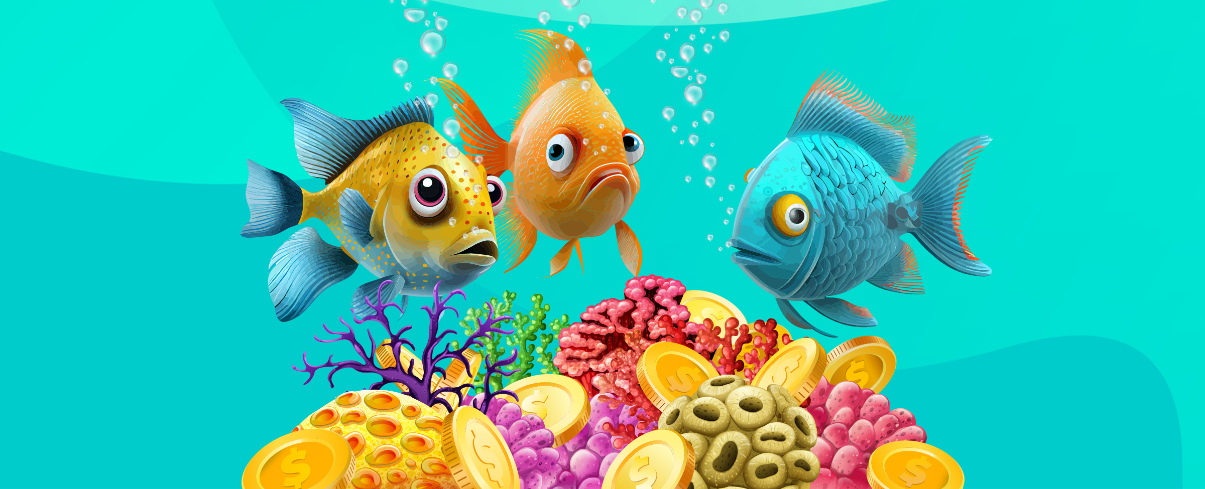 Three large, animated goldfish swim above bright coral in an aqua colored aquarium.