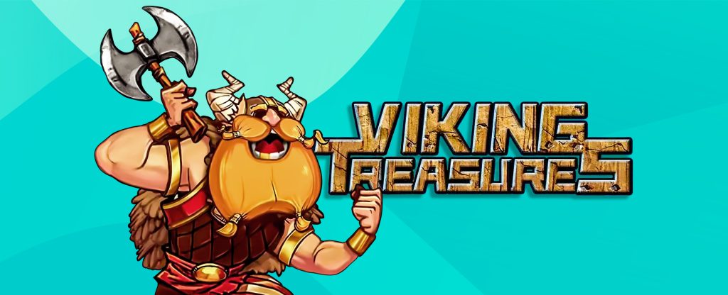 An animated Viking sporting a thick, long orange beard and wearing a brown vest with a fur coat, holds up an ax in one hand, while clenching his fist. To his right is the logo from the SlotsLV slots game, Viking Treasures.