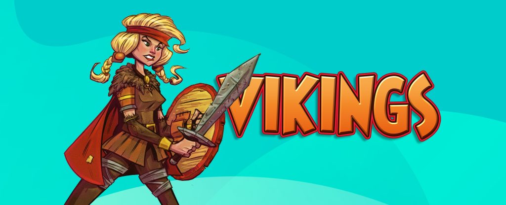 A young, female Viking, holding up a sword in one hand, and a wooden shield in the other. To her right is the game logo from the SlotsLV slots game, Vikings; all on teal-colored abstract background.