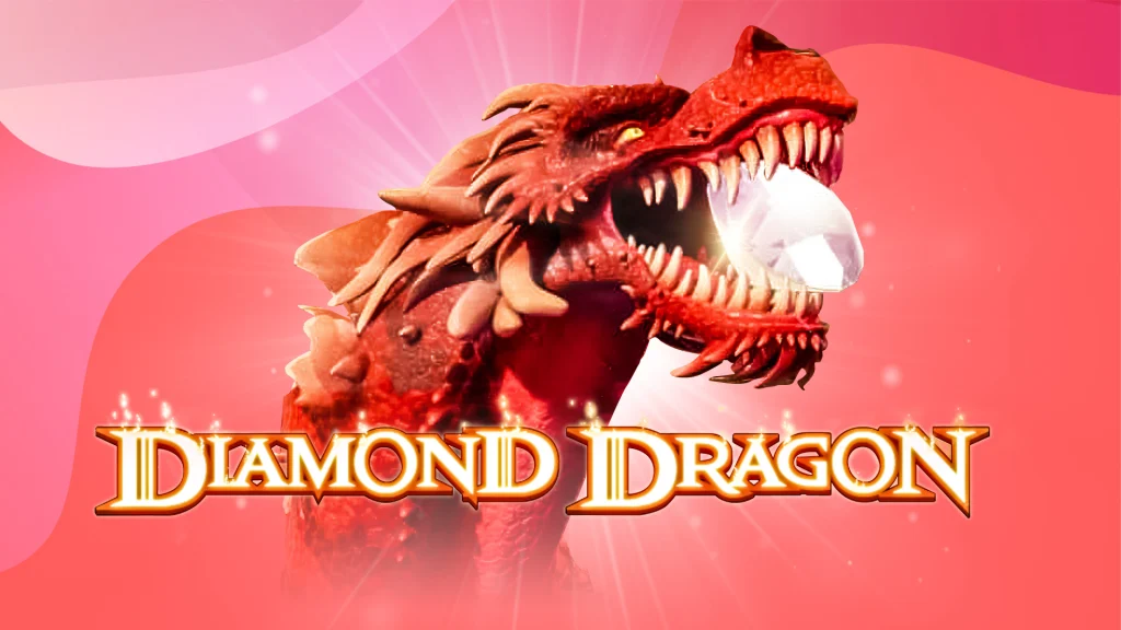 An animated dragon chomps down on an oversized diamond, with the SlotsLV slots game logo for Diamond Dragon below, set against a red background.