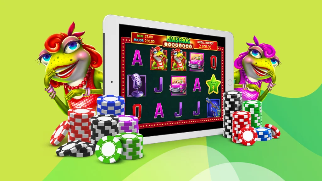 Two animated frogs stand on either side of an iPad featuring the online slots game Elvis Frog in Vegas, set against a lime green background.
