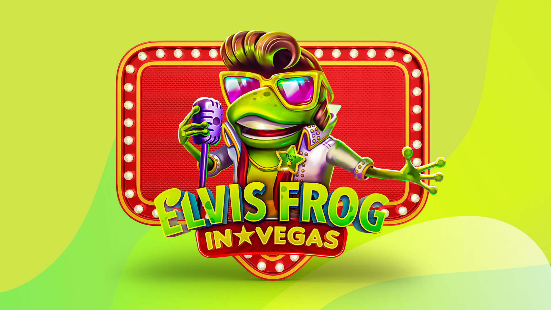 A cartoon frog dressed as Elvis stands behind the SlotsLV slots game logo for Elvis Frog In Vegas, set against a lime green background.