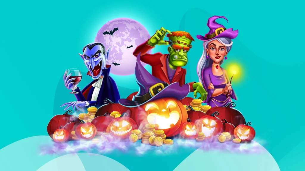 Three cartoon characters from SlotsLV slots games sit behind Halloween pumpkins with the moon showing in the background, set against a teal background.