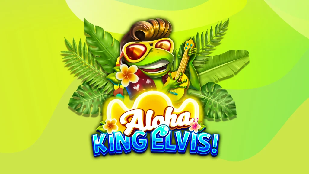 A cartoon frog dressed as Elvis stands behind the text ‘Aloha King Elvis’, set against green tropical foliage and a lime green background.