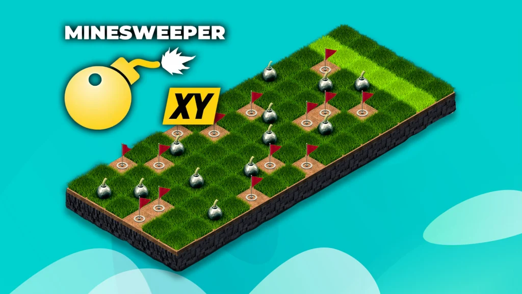 A flat-laid game board showing grass turf, featuring flags and mines, with the logo for ‘Minesweeper XY’ at SlotsLV Casino, set against a teal blue background.