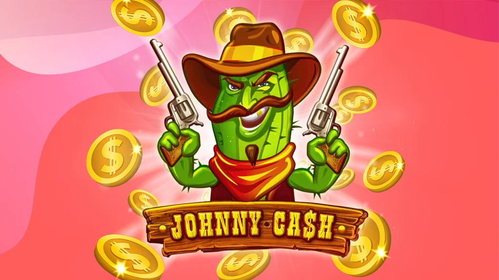 A cartoon cactus from the SlotsLV slots game Johnny Cash is wearing a hat and holding up pistols, surrounded by falling gold coins, set against a red background.