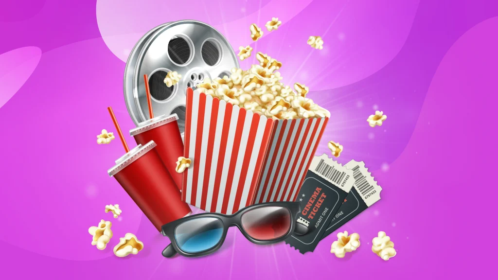 An illustrated box of popcorn, drink cups, cinema tickets and sunglasses are set against a pink background.
