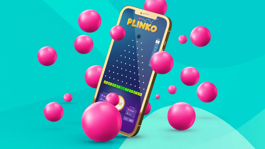 Multiple pink balls surround a mobile phone showing the SlotsLV game ‘Plinko’, set against a teal blue background.