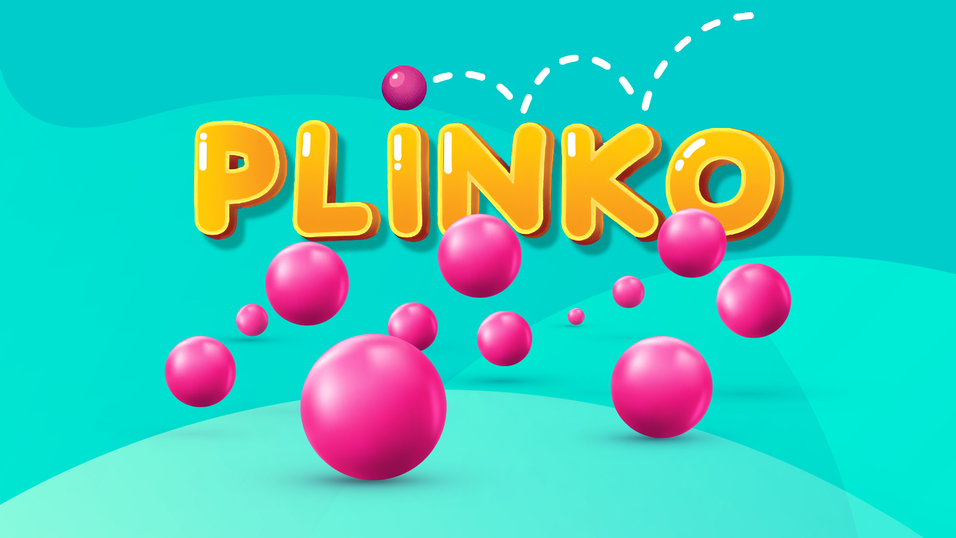 Round, pink balls bounce around the word ‘Plinko’ from the SlotsLV specialty game, set against a teal blue background.