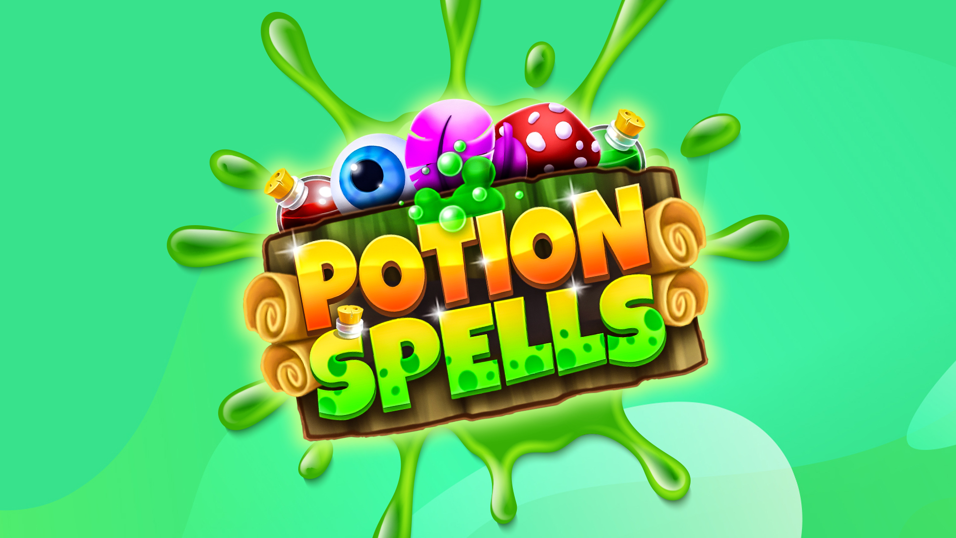 A logo is splattered on green goop, from the SlotsLV slots game ‘Potion Spells’, set against a green background.