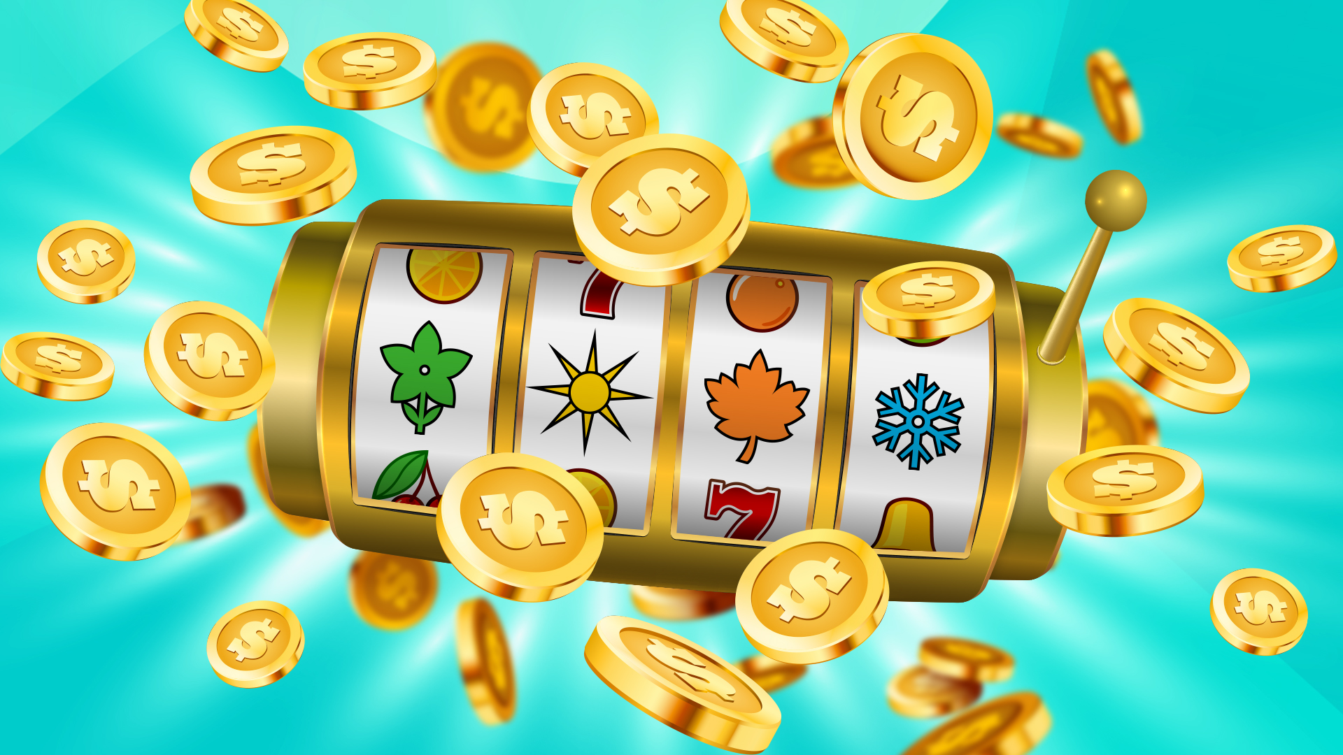 A slots reel featuring seasonal slots symbols, surrounded by gold coins, set against an aqua blue background.