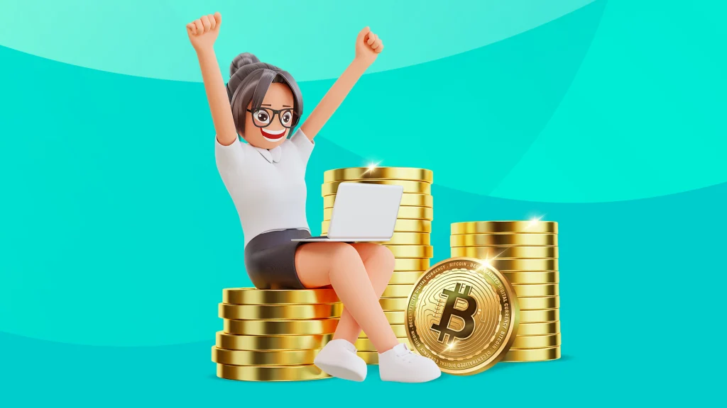 A cartoon woman sits on an oversized stack of crypto coins, surrounded by other stacks of coins, with a teal background in the distance.