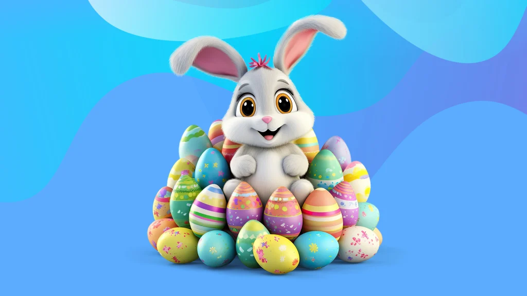An animated bunny is surrounded by colorful Easter eggs.