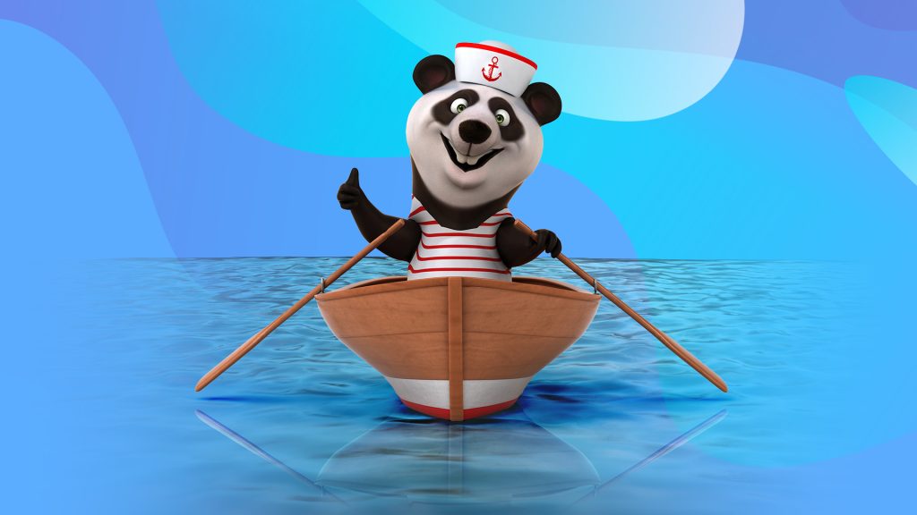 A panda is sitting on a rowing boat in open water, smiling and giving the thumbs up. On a vibrant two-tone blue background.
