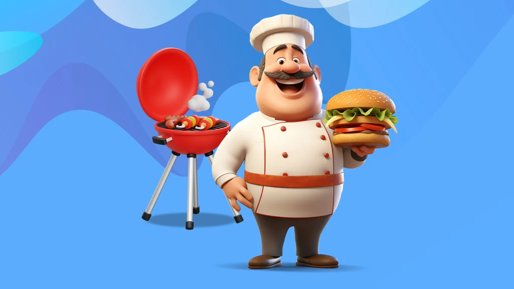 An animated male chef is standing in the foreground of the image holding a stacked burger, behind him is a barbecue grilling meats. 