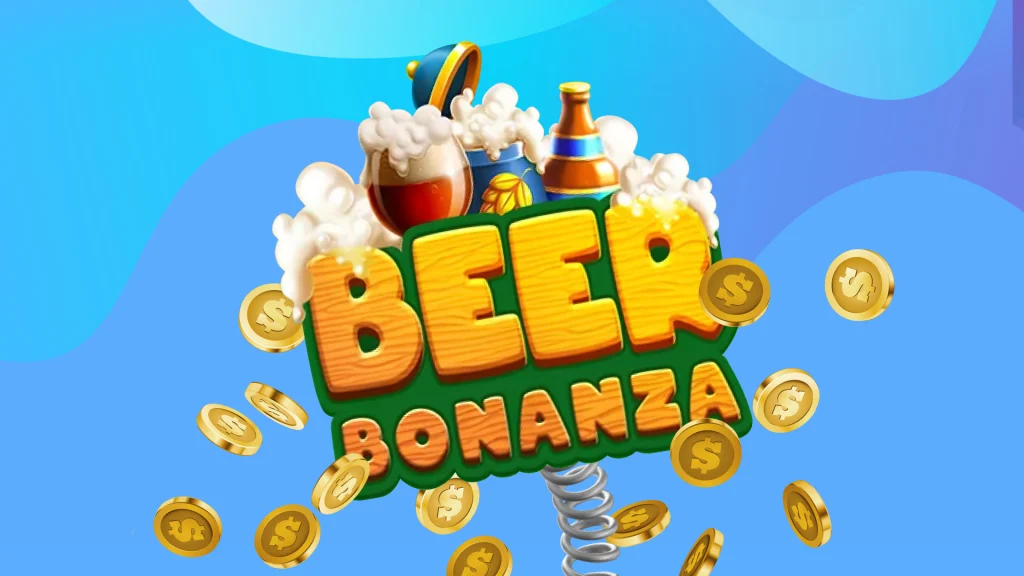 A sign with text that reads ‘Beer Bonanza’, from the SlotsLV slots game, set against a blue background.