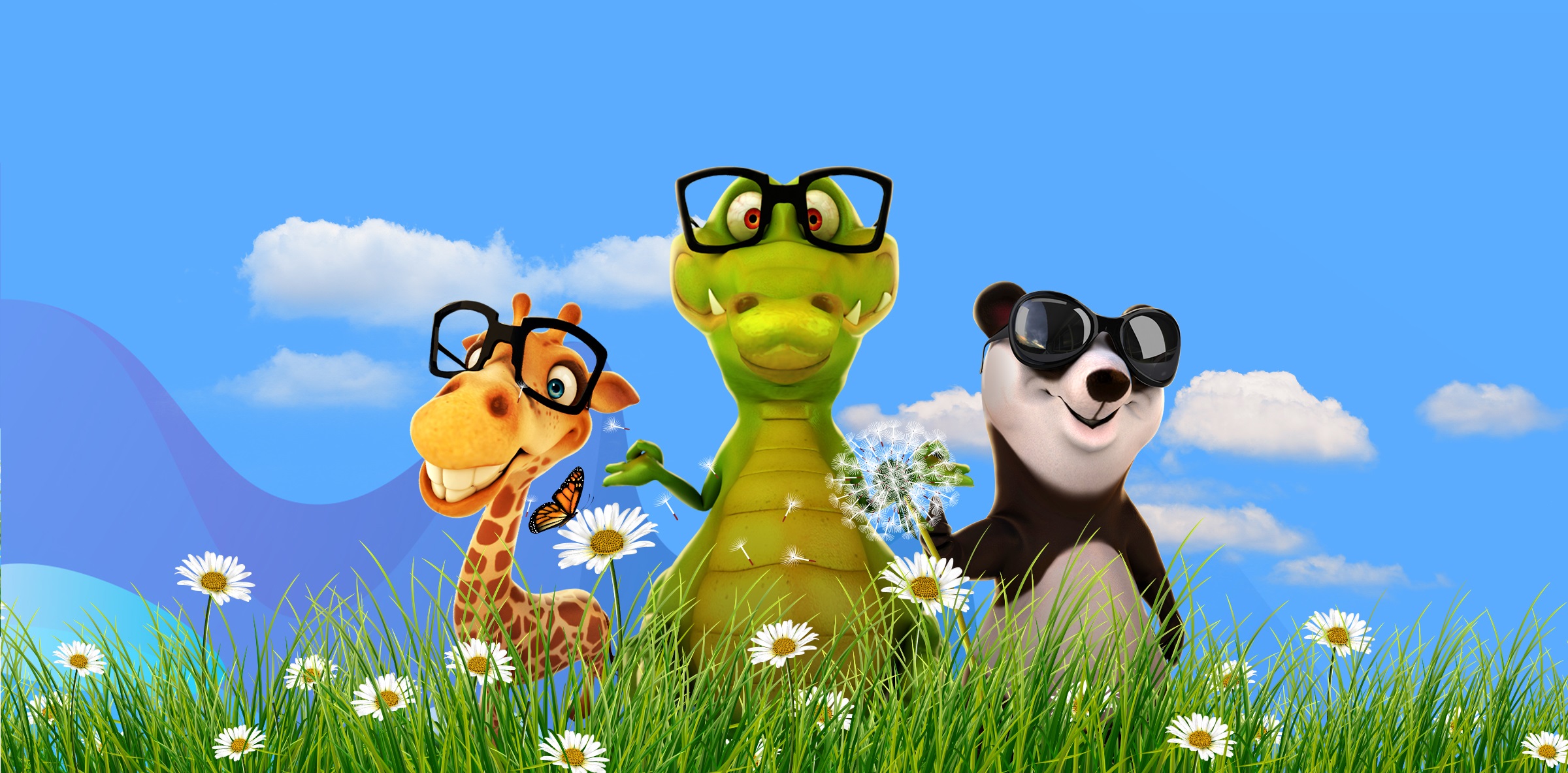 Panda, crocodile and giraffe cartoon animals standing in a field of daisies.