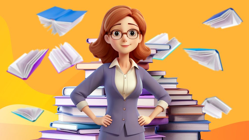 A cartoon woman in a business suit standing in front of a large pile of books, set against an orange background.