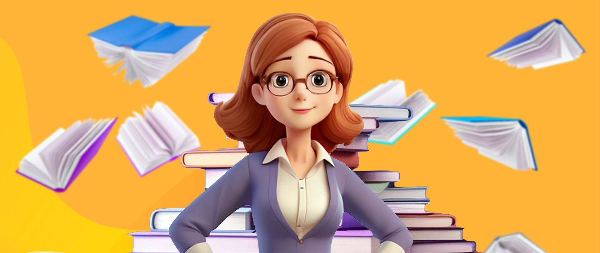 A cartoon woman in a business suit standing in front of a large pile of books, set against an orange background.