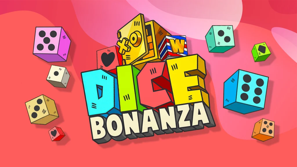 The logo for the SlotsLV slots game, Dice Bonanza, surrounded by dice, set against a pink background.