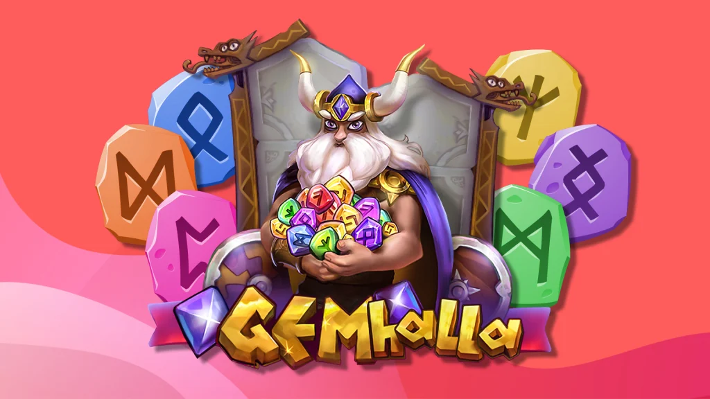 A cartoon Viking from the SlotsLV slots game, Gemhalla, sits on a stone throne surrounded by slot game symbols, set against a pink background.