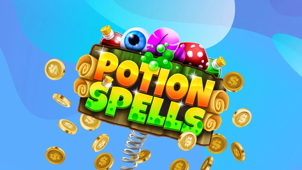 A sign that reads ‘Potion Spells’ surrounded by coins and jacked up by a spring is set against a blue background.