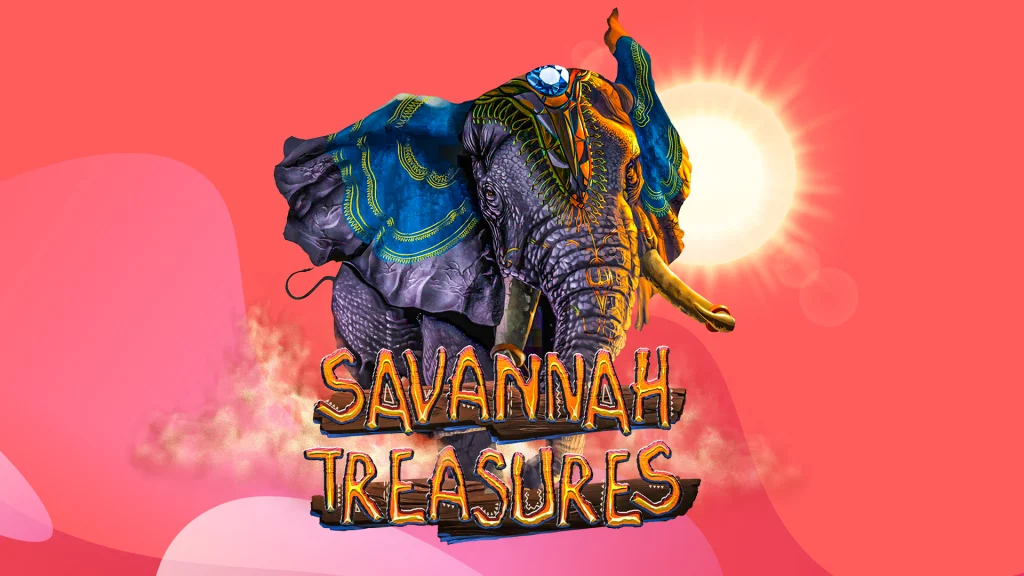 A colorful animated elephant with the words ‘Savannah Treasures’ overlaid, from the SlotsLV online slots game, with the sun in the distance, set against a pink background.
